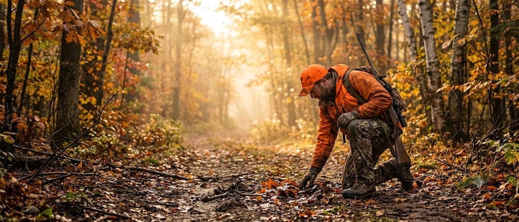 A hunter kneeling to examine sign at first light