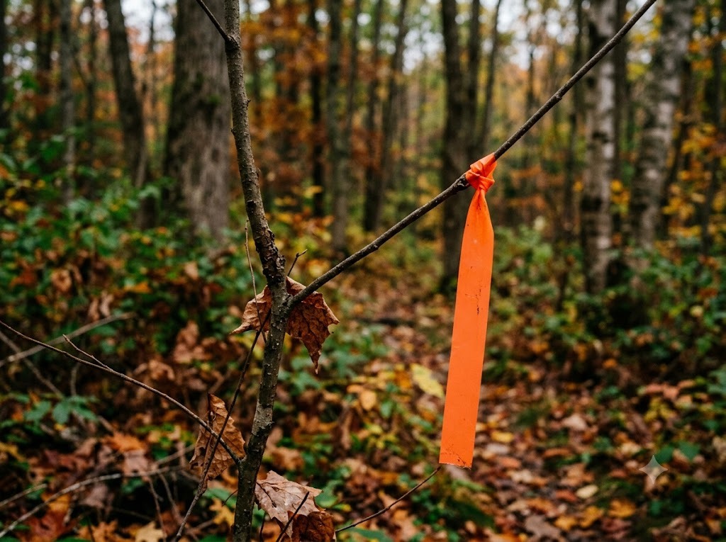 Orange flagging tape marking a trail