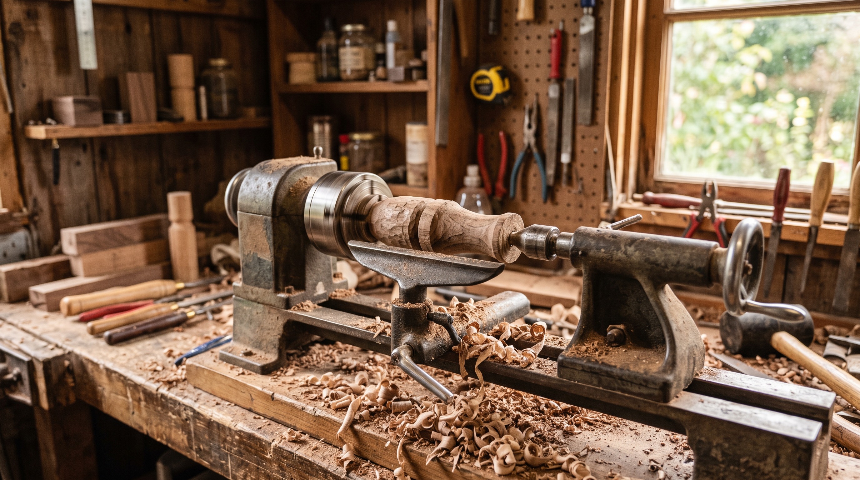 Half-finished wooden duck call on a lathe with fresh shavings