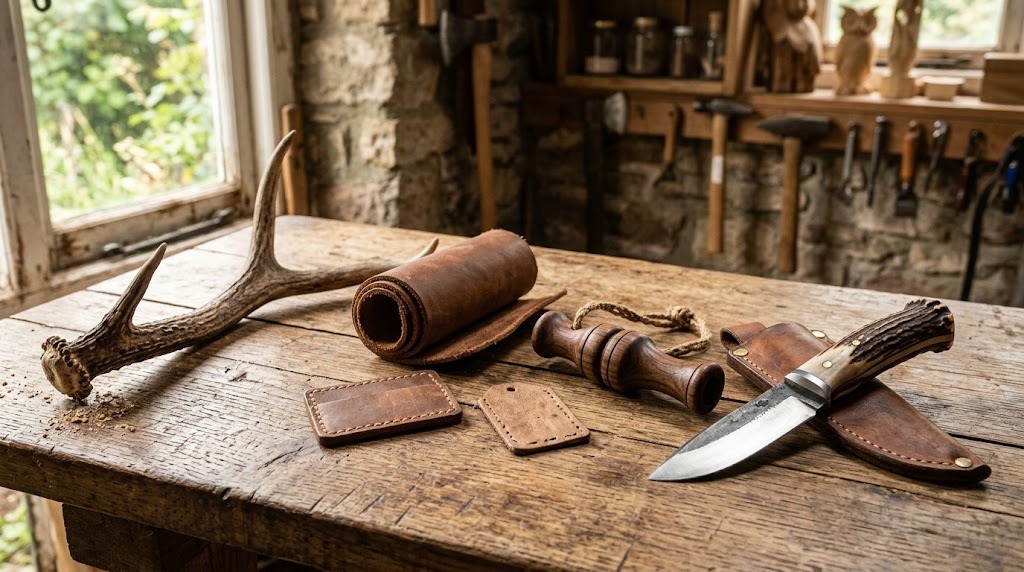 Shed antler, hand-stitched leather, a turned duck call and an antler-handled knife