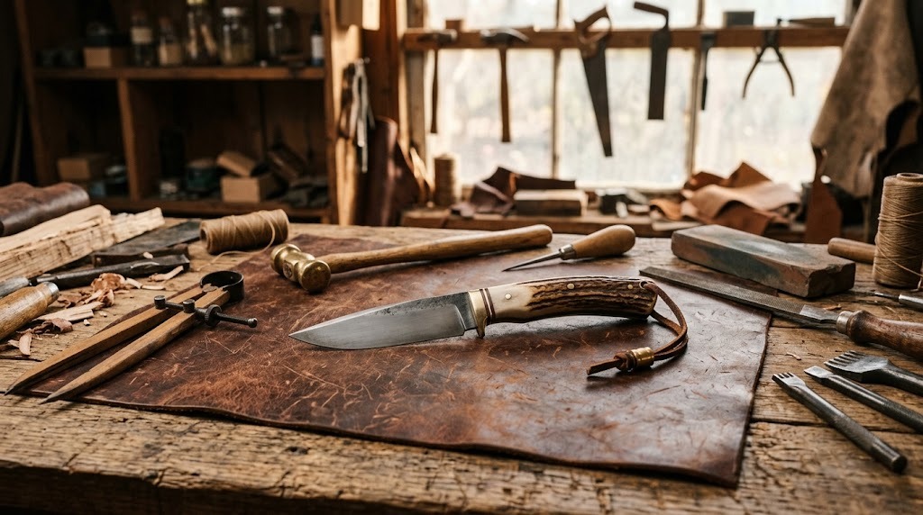 Knife with polished antler handle on a leather sheet among hand tools