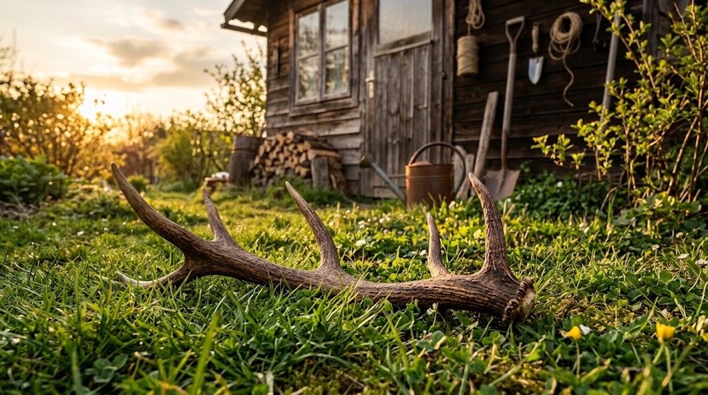 A single shed antler lying in early-spring grass