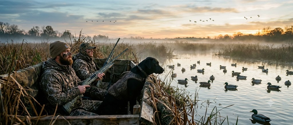 Waterfowl hunters in a marsh blind at dawn